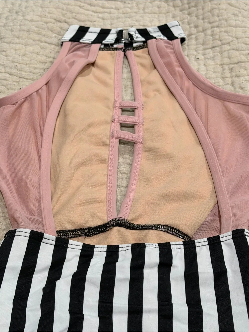 Kandi Kouture CM Black White Stripe Pink Mesh Dance Leotard